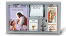 Blessed Trinity First Communion 6-Piece Gift Set for girls, featuring a pink Communion Mass Book with an illustration of a girl receiving Communion from Jesus, black bead rosary with white case, gold Communion pin, scapular, and tassel bookmark. Packaged in a light grey window box, perfect for First Holy Communion gifts.