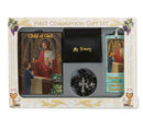 Deluxe First Holy Communion 6-Piece Gift Set for boys, featuring a 'Child of God' Prayer Book with a gold-stamped cover, black wood bead rosary with leatherette case, gold Communion pin, scapular, and tassel bookmark. Beautifully packaged, perfect for First Communion gifts.