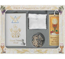 6-piece Blessed Trinity First Communion Gift Set for boys (black) and girls (white), featuring Deluxe Missal-Prayer Book, rosary, rosary case, scapular, bookmark, and pin.