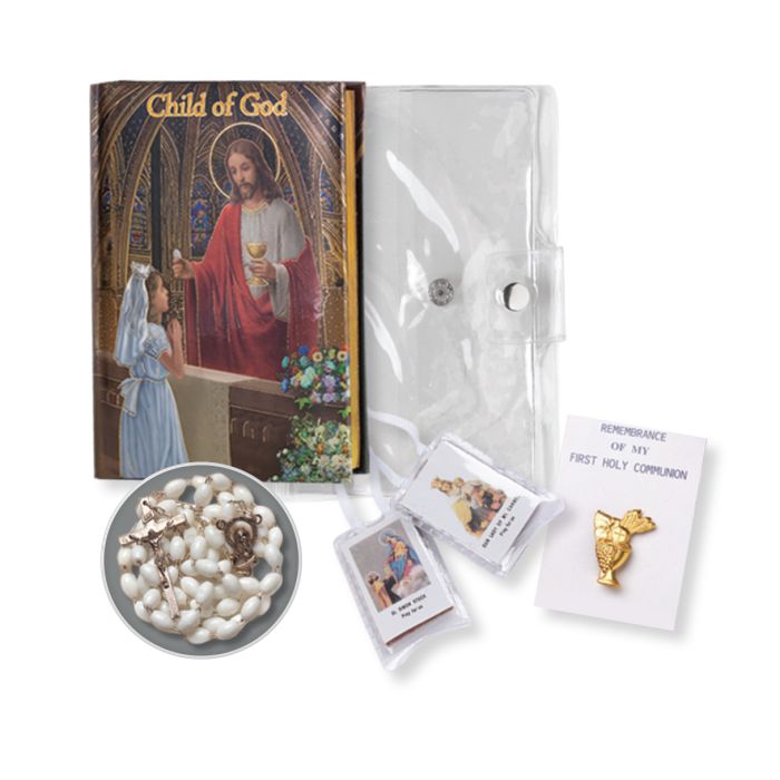 5-piece First Communion Girls Set with 'Child of God' prayer book, white rosary, scapular, communion pin, and clear carrying pouch.