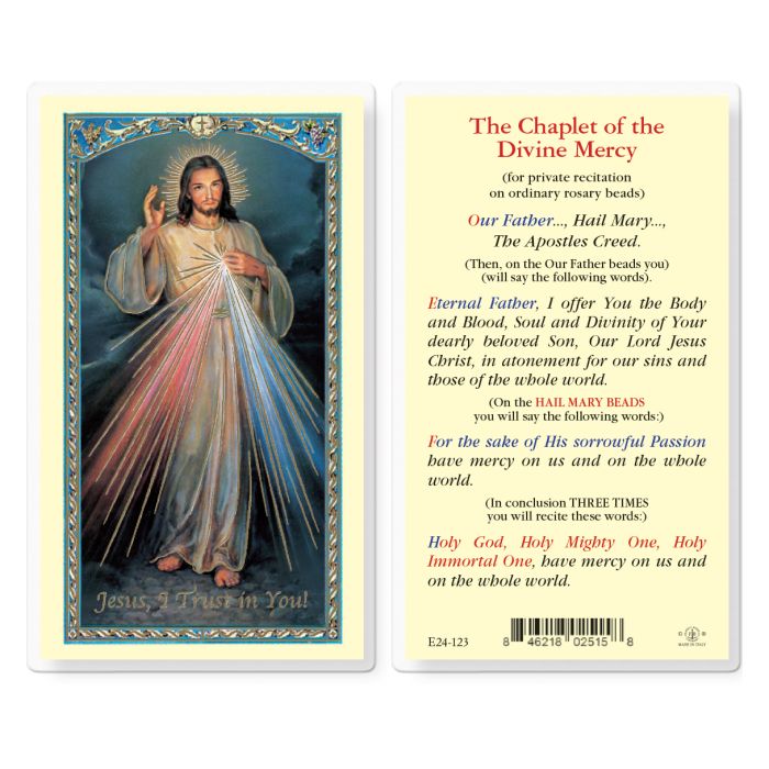 Laminated Divine Mercy Holy Card with Fratelli Bonella artwork, gold stamping, and Chaplet of the Divine Mercy prayer on the back. Measures 2.5” x 4.5”. Made in Italy.