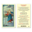 Laminated holy card featuring artwork of Saint Christopher, with the Prayer Before a Journey on the back, measuring 2-1/2" x 4-1/2", made in Italy.