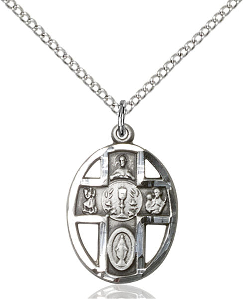 First Communion Five-Way Medal - Sterling Silver Medal & Chain