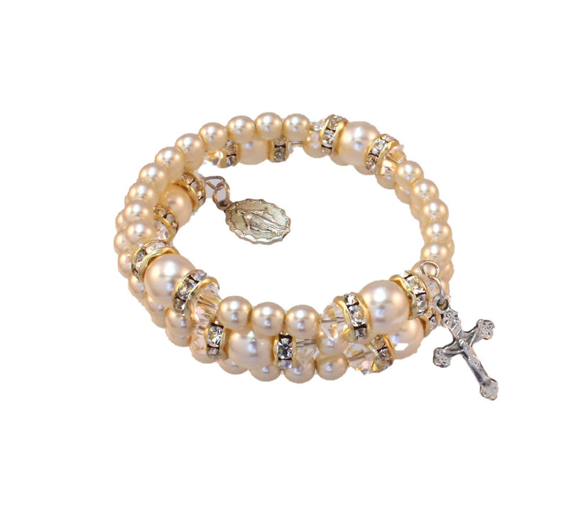 Birthstone Pearl and Rondelle Spiral Rosary Bracelet - Crystal - April