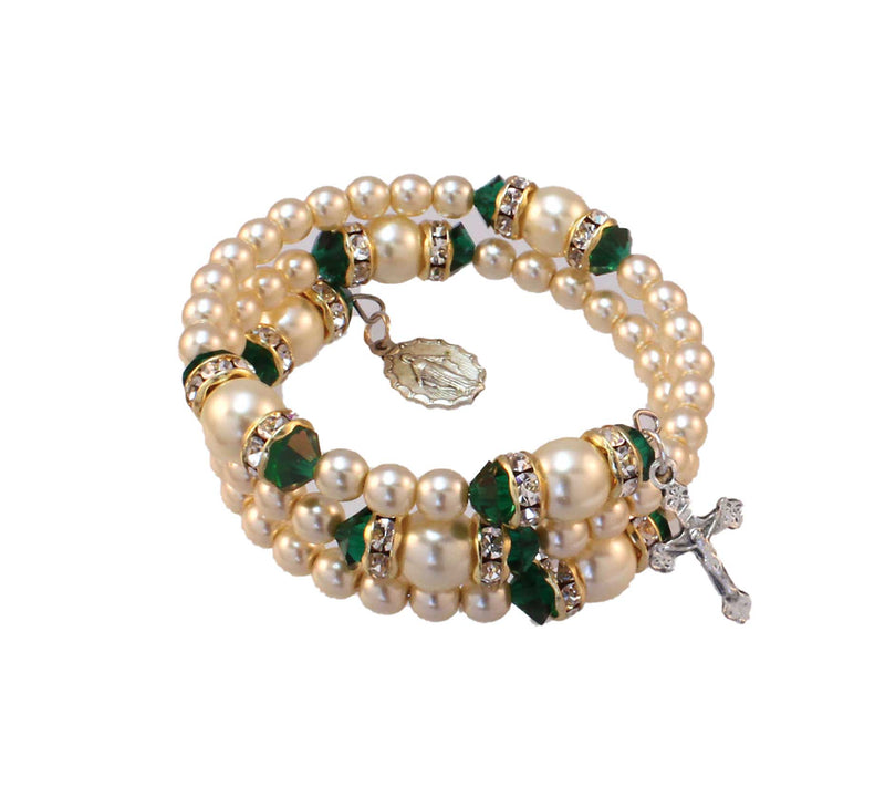 Birthstone Pearl and Rondelle Spiral Rosary Bracelet - Emerald - May