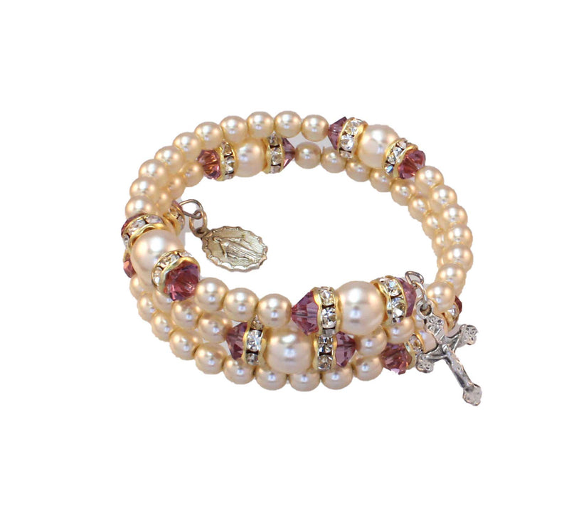 Birthstone Pearl and Rondelle Spiral Rosary Bracelet - Light Amethyst - June