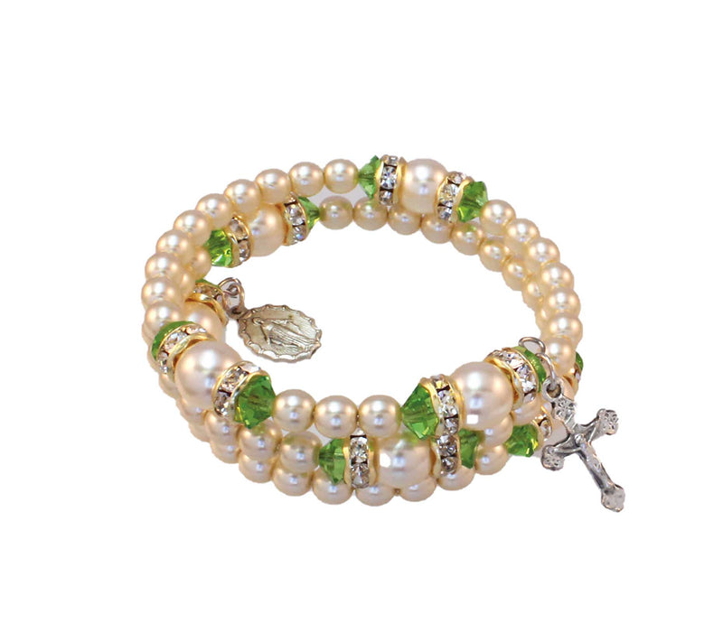 Birthstone Pearl and Rondelle Spiral Rosary Bracelet - Peridot - August