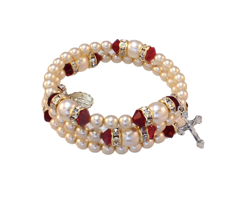 Birthstone Pearl and Rondelle Spiral Rosary Bracelet - Ruby - July