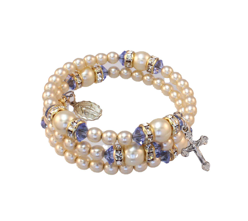 Birthstone Pearl and Rondelle Spiral Rosary Bracelet - Sapphire - September