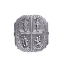 Heavyweight oxidized pewter Four Way Visor Clip featuring Jesus, the Miraculous Medal, a Guardian Angel, and St. Christopher with a prayer for protection.