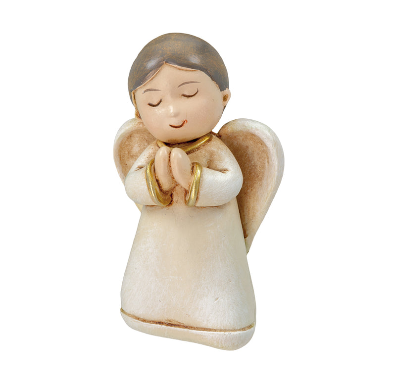 A 2 1/2" resin Praying Angel with Smile Communion Statuette featuring gold accents, perfect for commemorating a child's First Holy Communion.