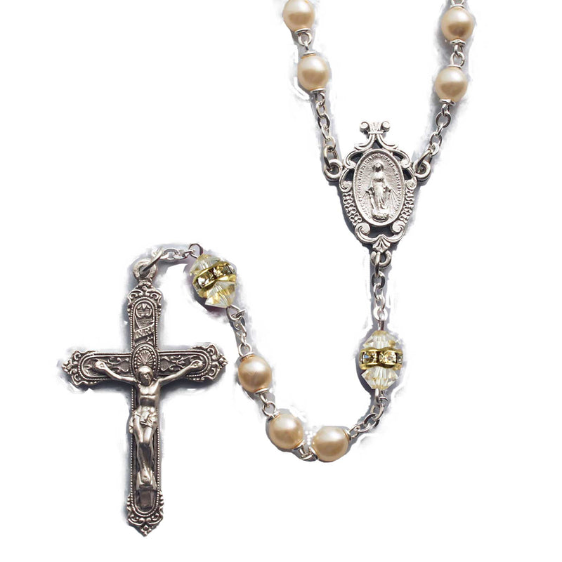 Birthstone Pearl and Rondell Rosary - Crystal - April 41298/CR