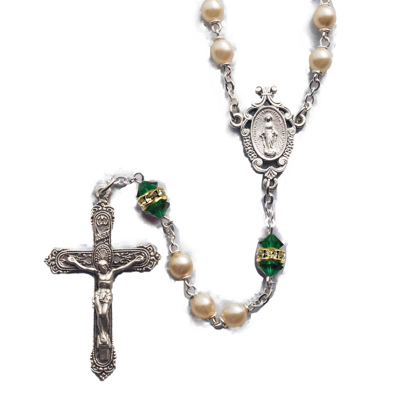 Birthstone Pearl and Rondell Rosary - Emerald - May