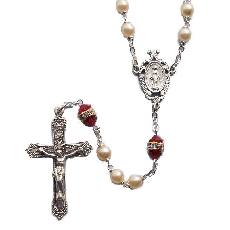 Birthstone Pearl and Rondelle Rosary - Ruby - July