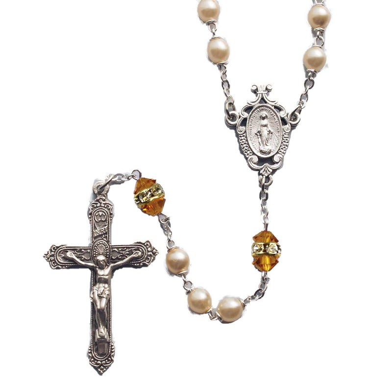 Birthstone Pearl and Rondelle Rosary - Topaz - November