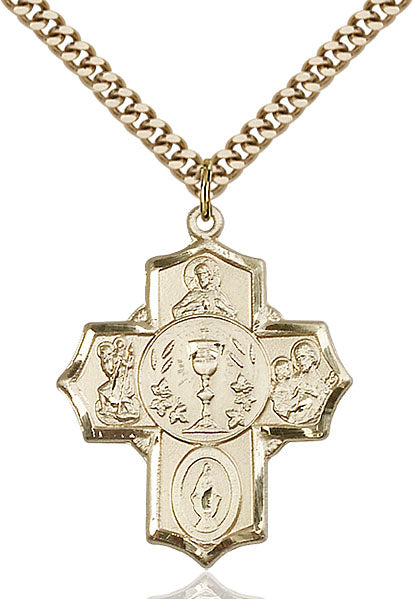 First Communion Five-Way Medal - Gold Filled Medal & Gold Plated Chain
