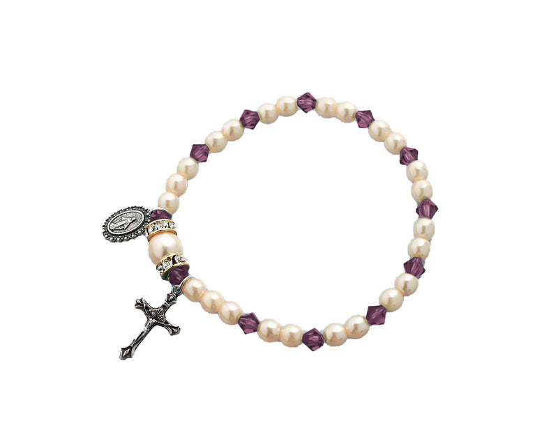 Birthstone Pearl and Rondelle One Decade Stretch Bracelet - Amethyst - February