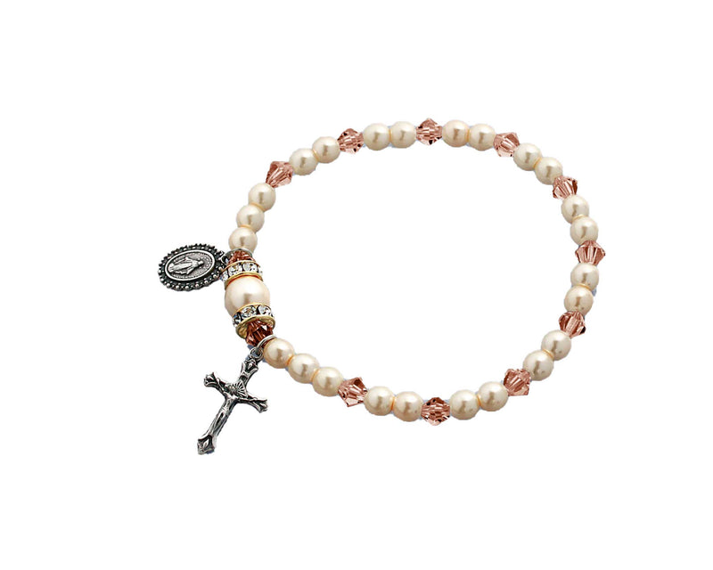 Birthstone Pearl and Rondelle One Decade Stretch Bracelet - Rose Zircon - October