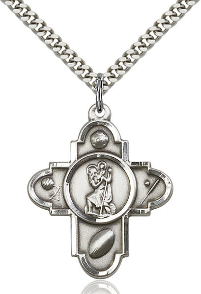 St. Christopher Sports Five-Way Medal - Sterling Silver Medal & Rhodium Chain