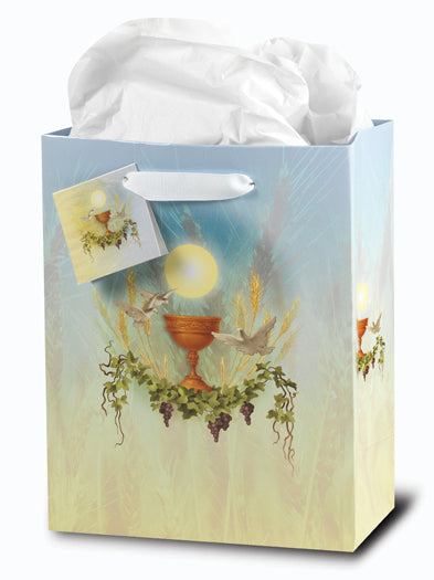 A high-gloss Catholic Communion gift bag featuring a Bonella illustration of a chalice with a host, Holy Spirit doves, grapes, and wheat in vibrant colors, with a white ribbon handle, matching gift tag, and white tissue paper. Available in small, medium, and large sizes.