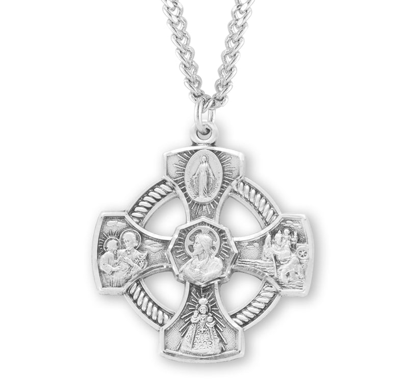 Sterling Silver Pierced 5-Way Miraculous, Scapular, St. Joseph, St. Christopher, and Infant of Prague Medal