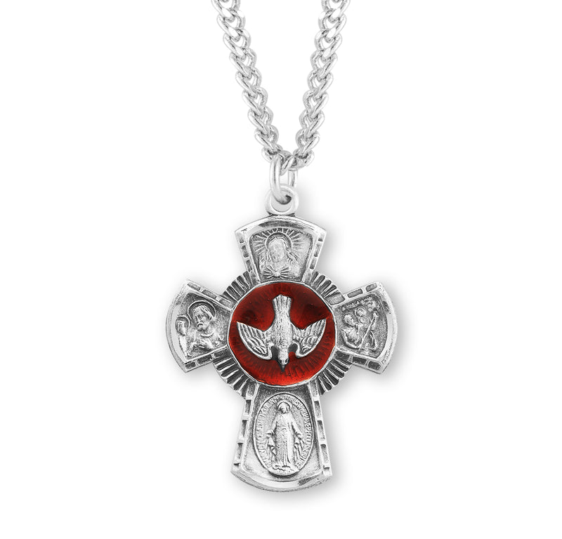 Sterling Silver & Red Enamel Holy Spirirt Four-Way Medal