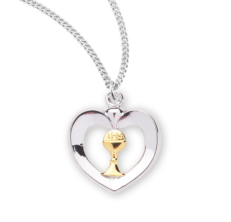 Sterling Silver Heart & Chalice Pendant on an 18" Rhodium Plated Chain