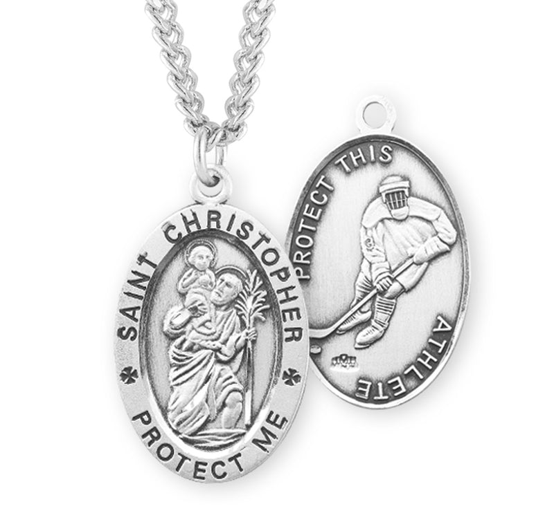 Sterling Silver St. Christopher Sports Medal with Genuine Rhodium Plated 24" Chain - Hockey