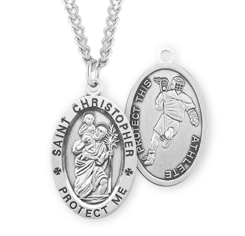Sterling Silver St. Christopher Sports Medal with Genuine Rhodium Plated 24" Chain - Lacrosse