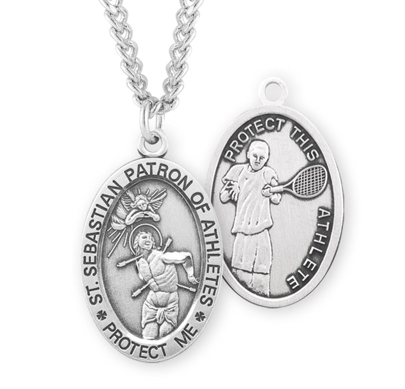 Sterling Silver St. Sebastian Sports Medal with Genuine Rhodium Plated 24" Chain - Tennis