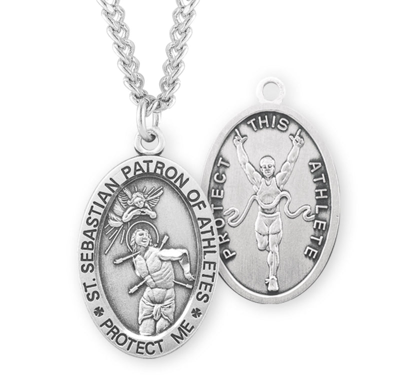 Sterling Silver St. Sebastian Sports Medal with Genuine Rhodium Plated 24" Chain - Track