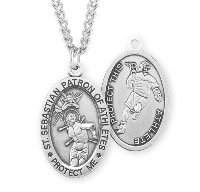 Sterling Silver St. Sebastian Sports Medal with Genuine Rhodium Plated 24" Chain - Lacrosse