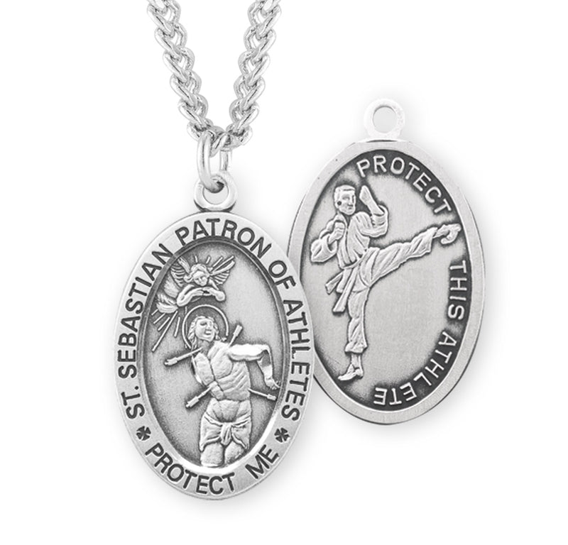 Sterling Silver St. Sebastian Sports Medal with Genuine Rhodium Plated 24" Chain - Martial Arts
