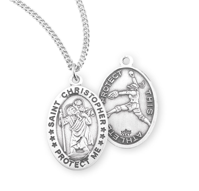 Sterling Silver St. Christopher Sports Medal with Genuine Rhodium Plated 18” Chain - Softball