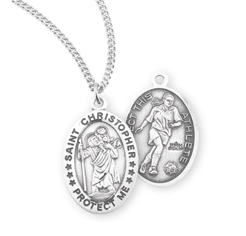 Sterling Silver St. Christopher Sports Medal with Genuine Rhodium Plated 18” Chain - Soccer