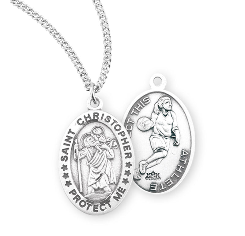 Sterling Silver St. Christopher Sports Medal with Genuine Rhodium Plated 18” Chain - Basketball