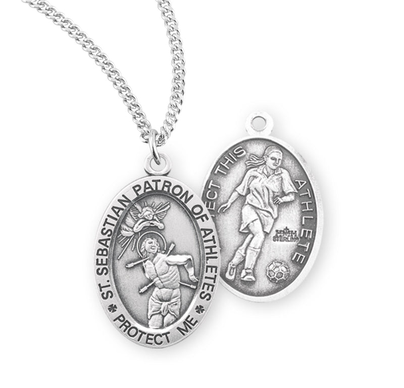 Sterling Silver St. Sebastian Sports Medal with Genuine Rhodium Plated 18” Chain - Soccer