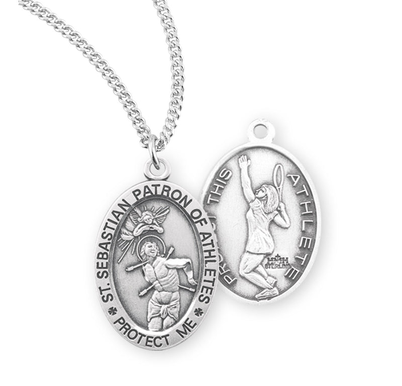 Sterling Silver St. Sebastian Sports Medal with Genuine Rhodium Plated 18” Chain - Tennis