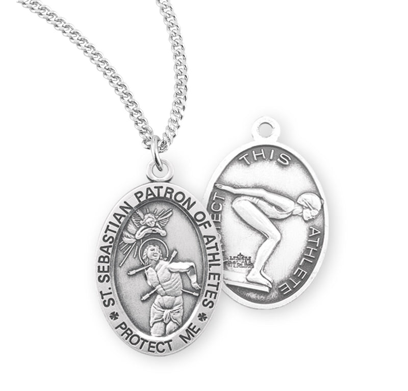 Sterling Silver St. Sebastian Sports Medal with Genuine Rhodium Plated 18” Chain - Swimming