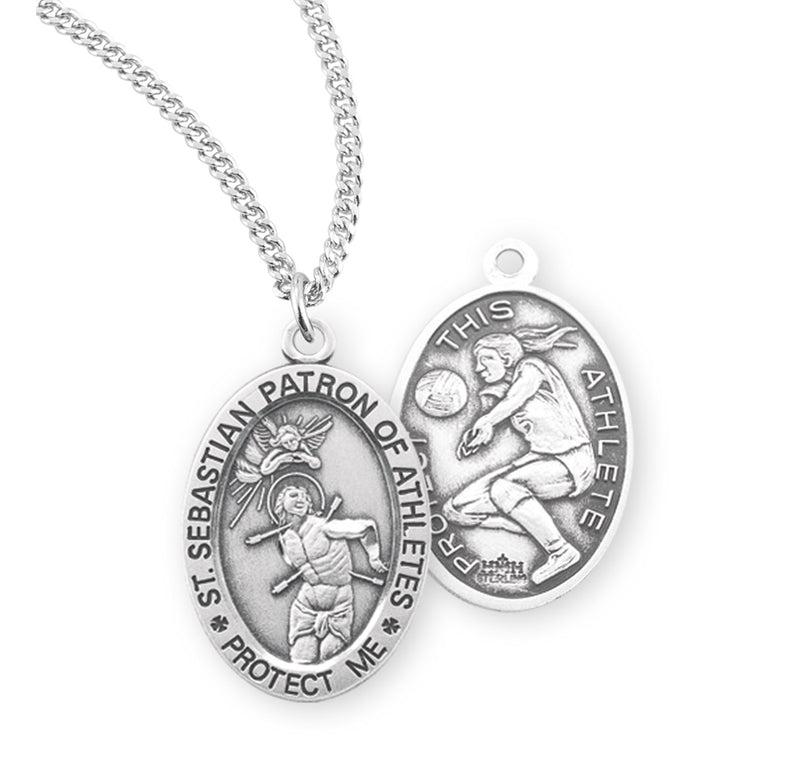 Sterling Silver St. Sebastian Sports Medal with Genuine Rhodium Plated 18” Chain - Volleyball