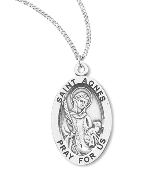 Sterling Silver St. Agnes Medal with Genuine Rhodium Plated 18” Chain