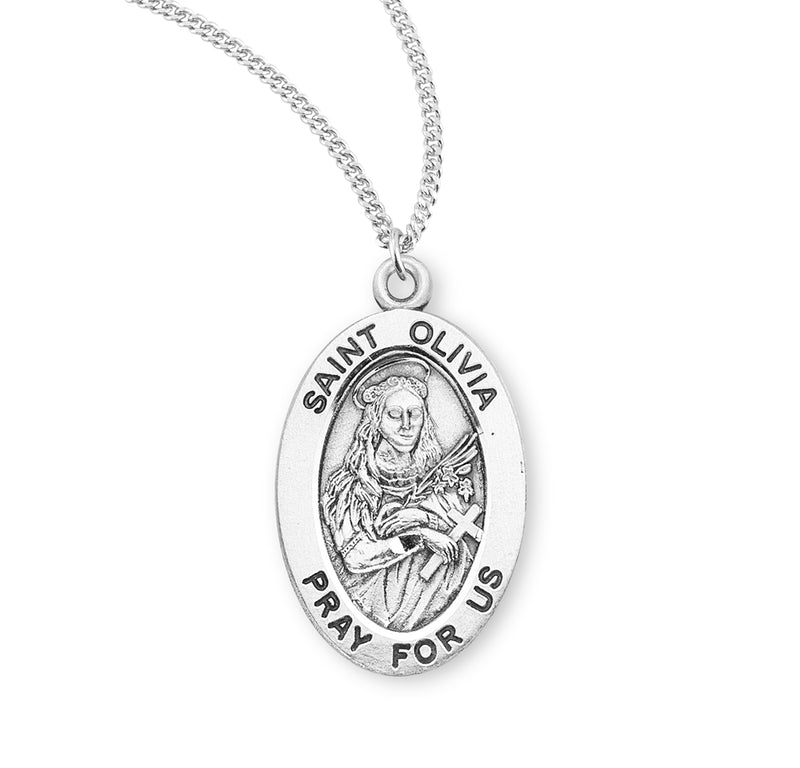 Sterling Silver St. Olivia Medal with Genuine Rhodium Plated 18” Chain