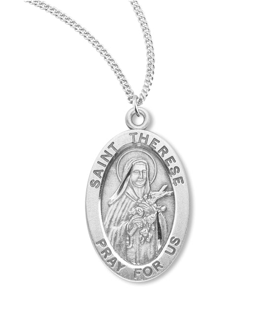 Sterling Silver St. Therese Medal with Genuine Rhodium Plated 18” Chain